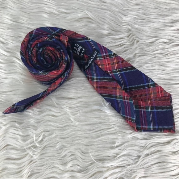 Ike Behar blue orange plaid wool silk blend men's length 60" width 3 1/2" - Picture 3 of 7